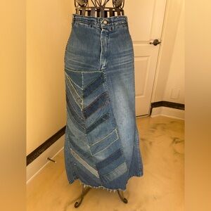 Vintage L.A.P.D. California Denim Skirt | Patchwork Chevron | Upcycled Boho Midi